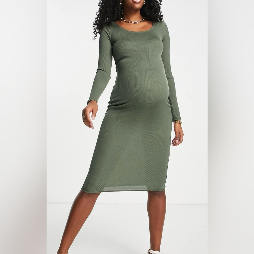 Flounce London Maternity ribbed long sleeve midi dress in khaki size 12